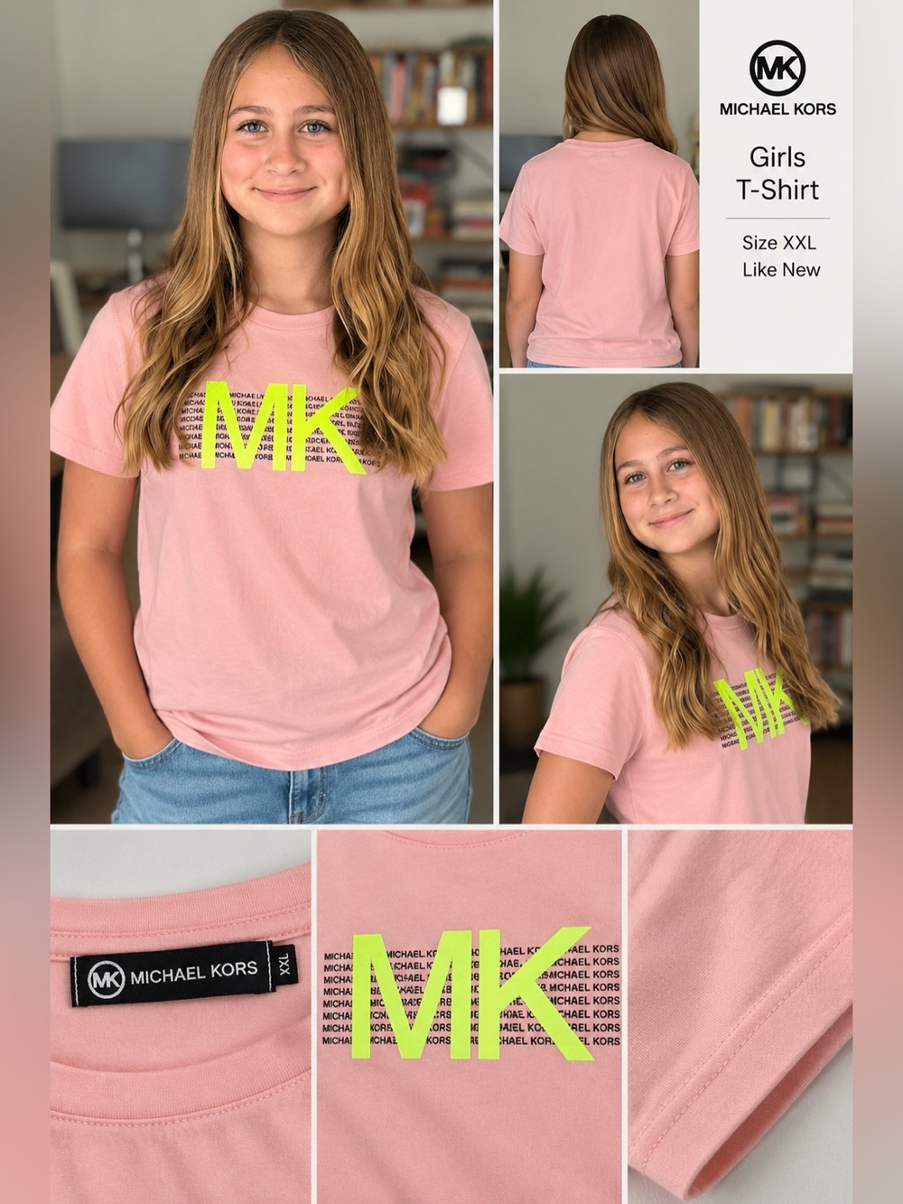 Michael Kors Pink Short Sleeve Tee with Neon Yellow MK Graphic
